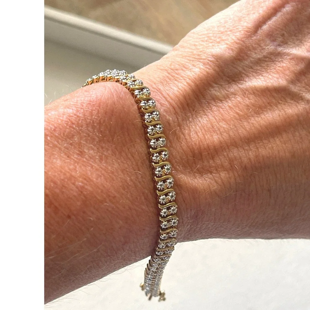 Vtg 925 Sterling Silver Gold Vermeil CZ Tennis Bracelet 7.25" Wave Link Design - Picture 2 of 10